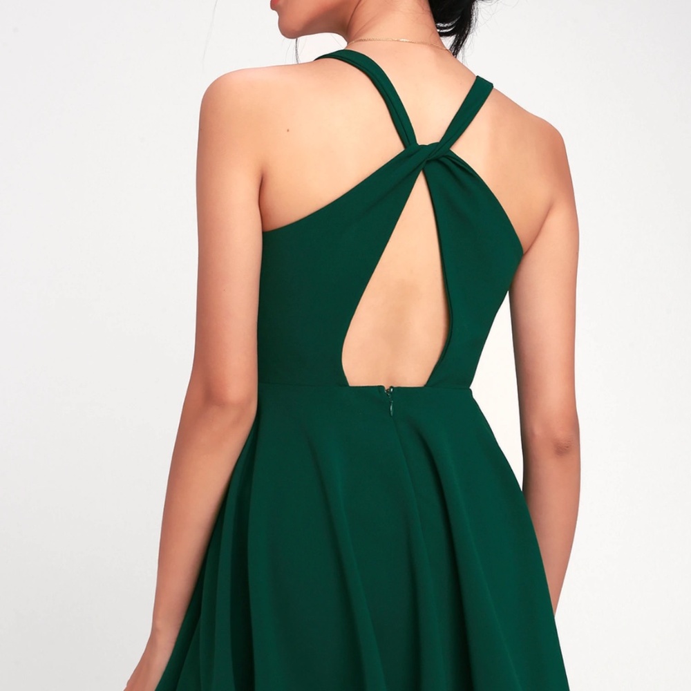 Lulus Wonder Whirl Dark Green Twist Back Skater Dress